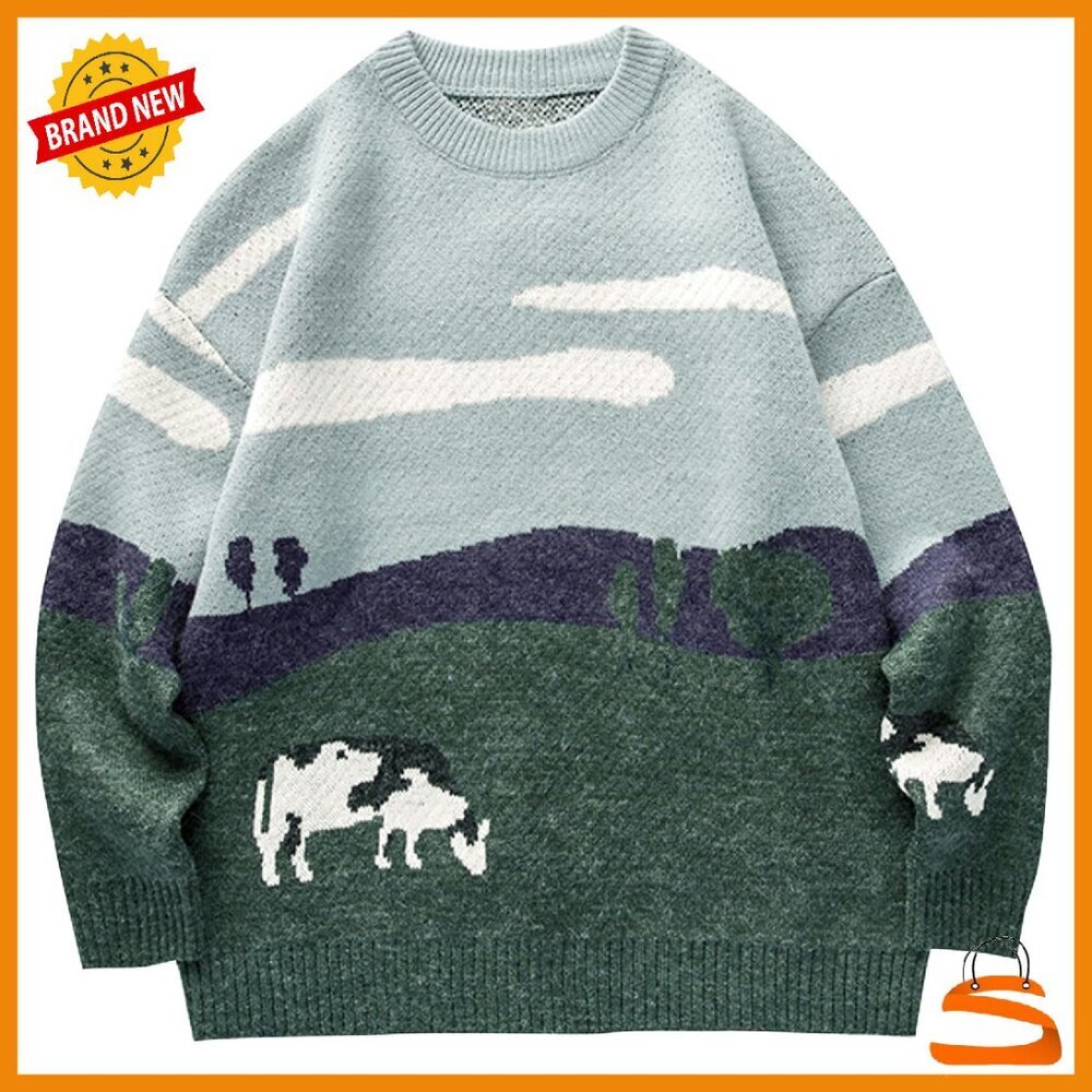 Oversized Cow Print Sweater Chunky Knit Pullover Unisex Fall Winter